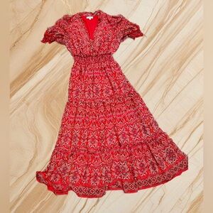 MAX STUDIO RED PRINT TIERED SMOCKED DRESS SIZE LARGE